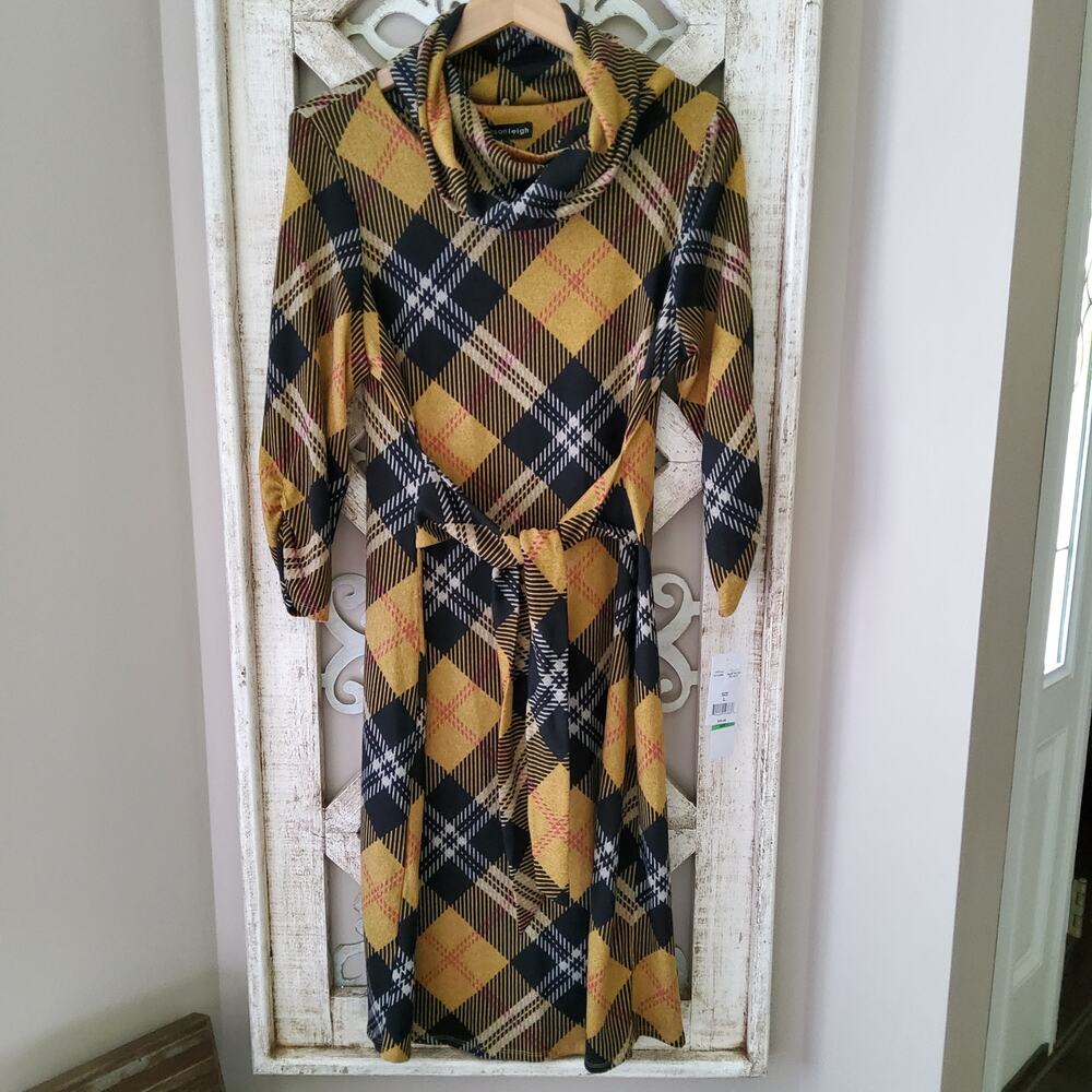 Madison Leigh Academia Grunge Plaid Cowl Neck Tie Waist Midi Dress Large